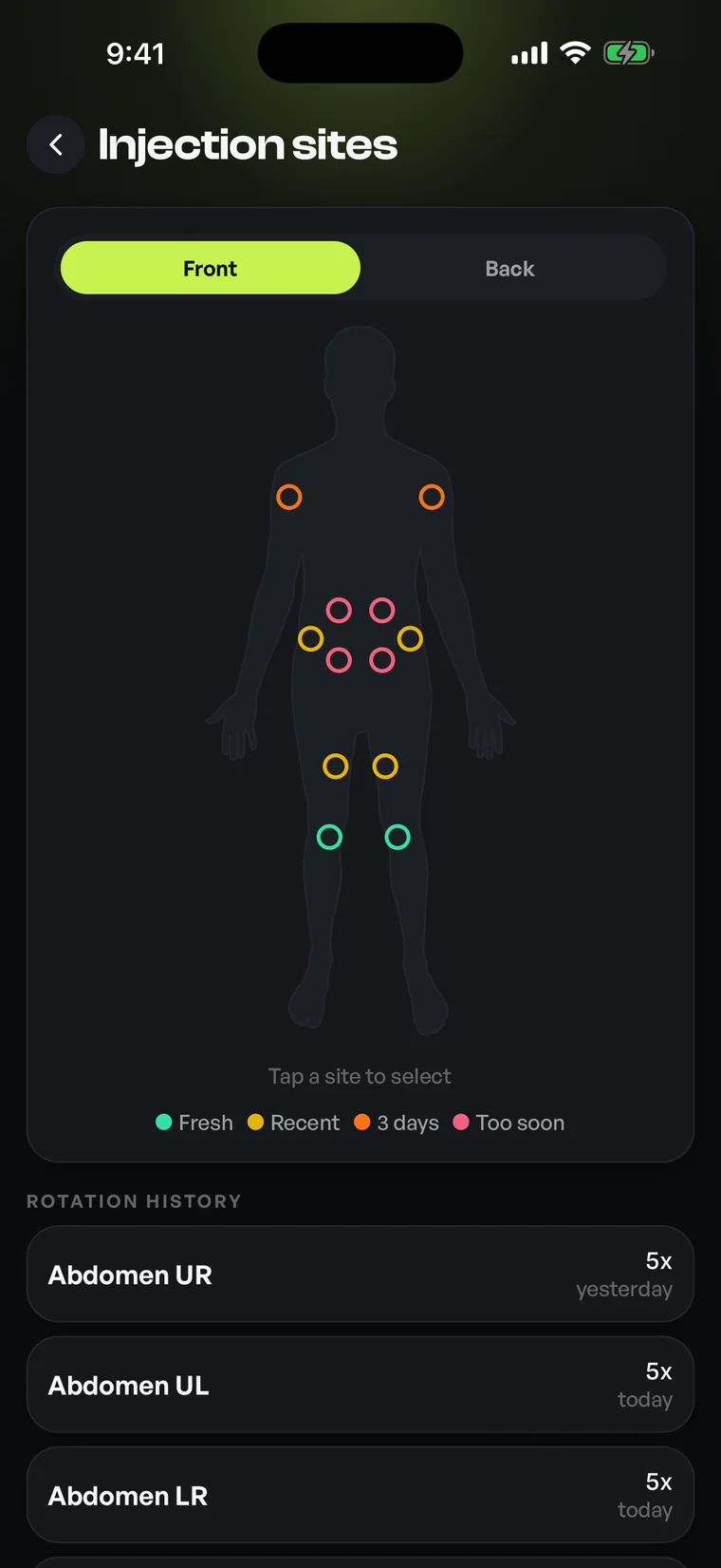 The Optimized sites screen: a front body map with coloured markers showing which sites are fresh, recent, or used too soon, above a rotation history list.