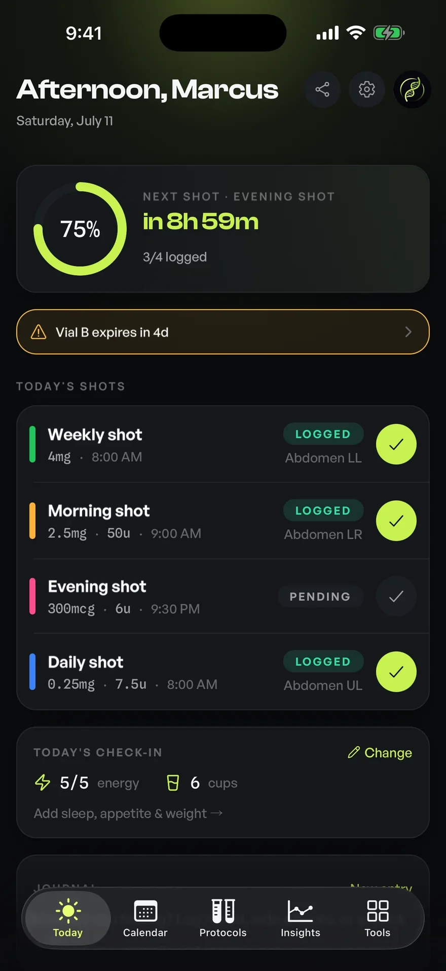 The Optimized Today screen counting down 8 hours 59 minutes to the next entry, above the day's scheduled entries with their times and logged status.